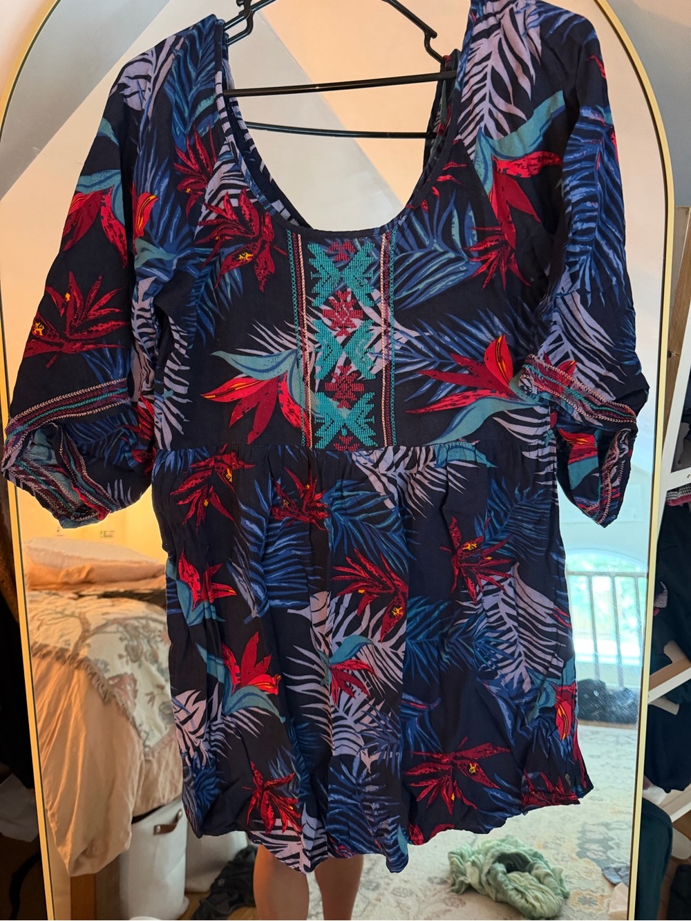 Women's Navy Floral Scoop-Neck Peasant Top